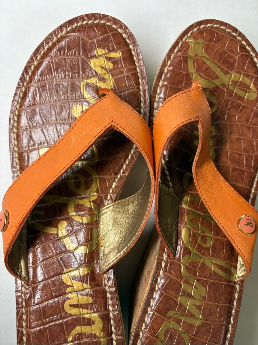 Sam Edelman Romy Croc Print Cork Wedge Thong Sandal US 7.5 Orange